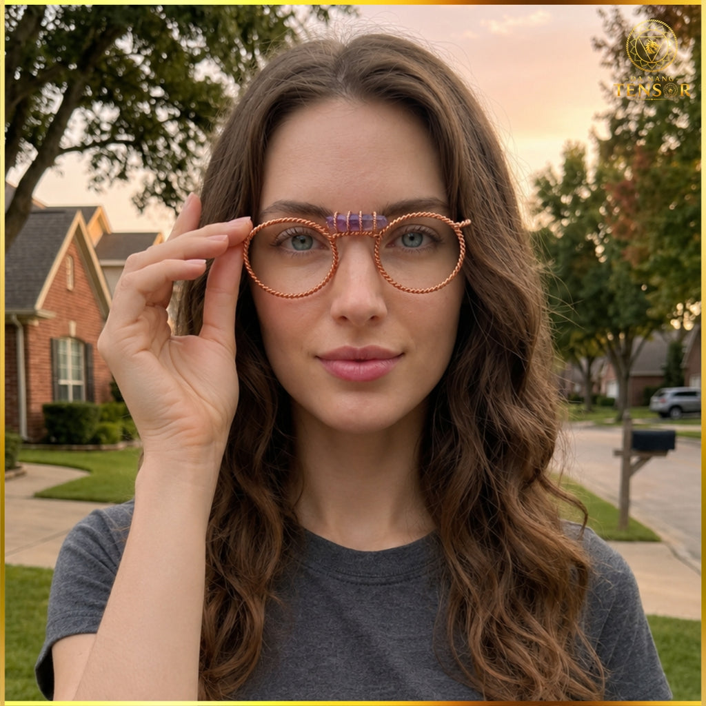 Copper Tensor Glasses, Amethyst Third Eye, Sacred Geometry Meditation Aid