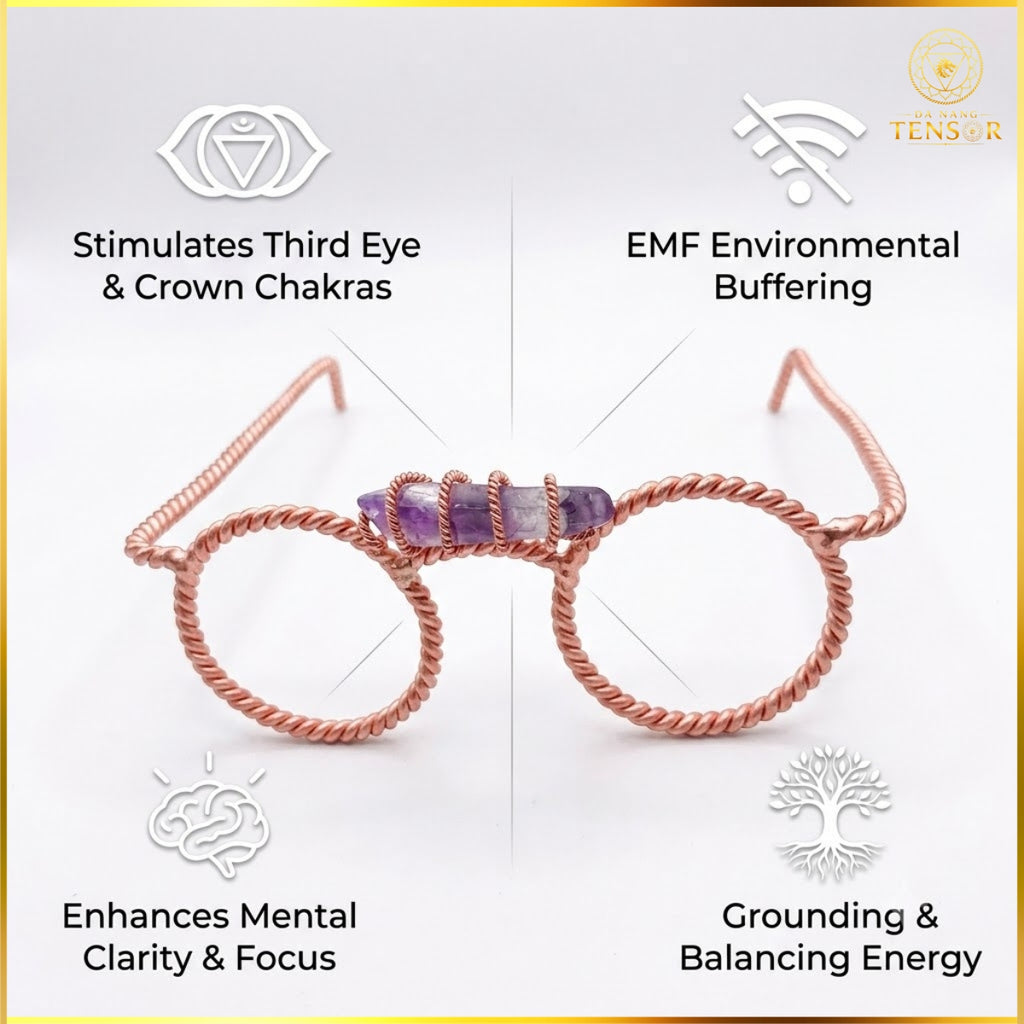 Copper Tensor Glasses, Amethyst Third Eye, Sacred Geometry Meditation Aid