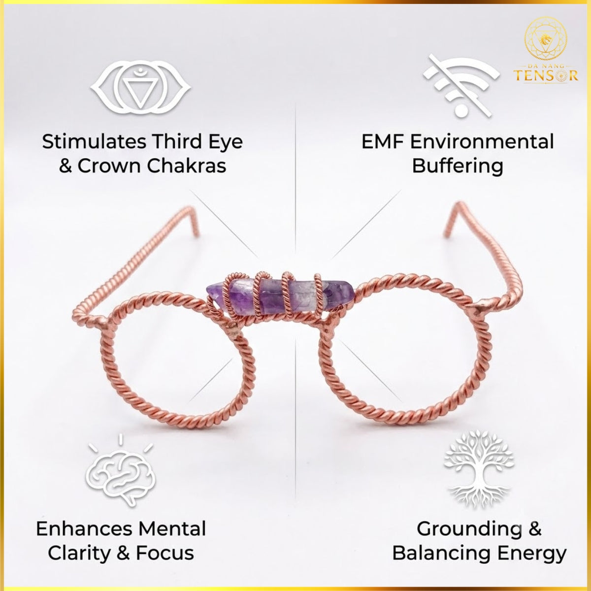 Copper Tensor Glasses, Amethyst Third Eye, Sacred Geometry Meditation Aid