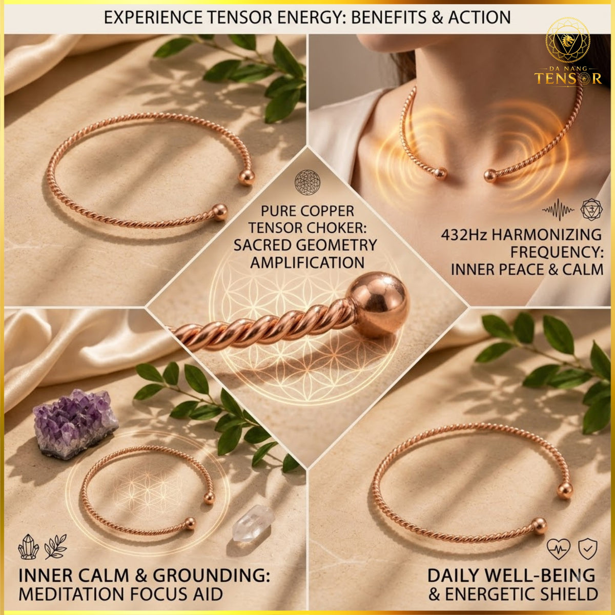 Pure Copper Tensor Necklace, 432Hz Healing Frequency Choker, Boho Spiritual Jewelry, Meditation Tool