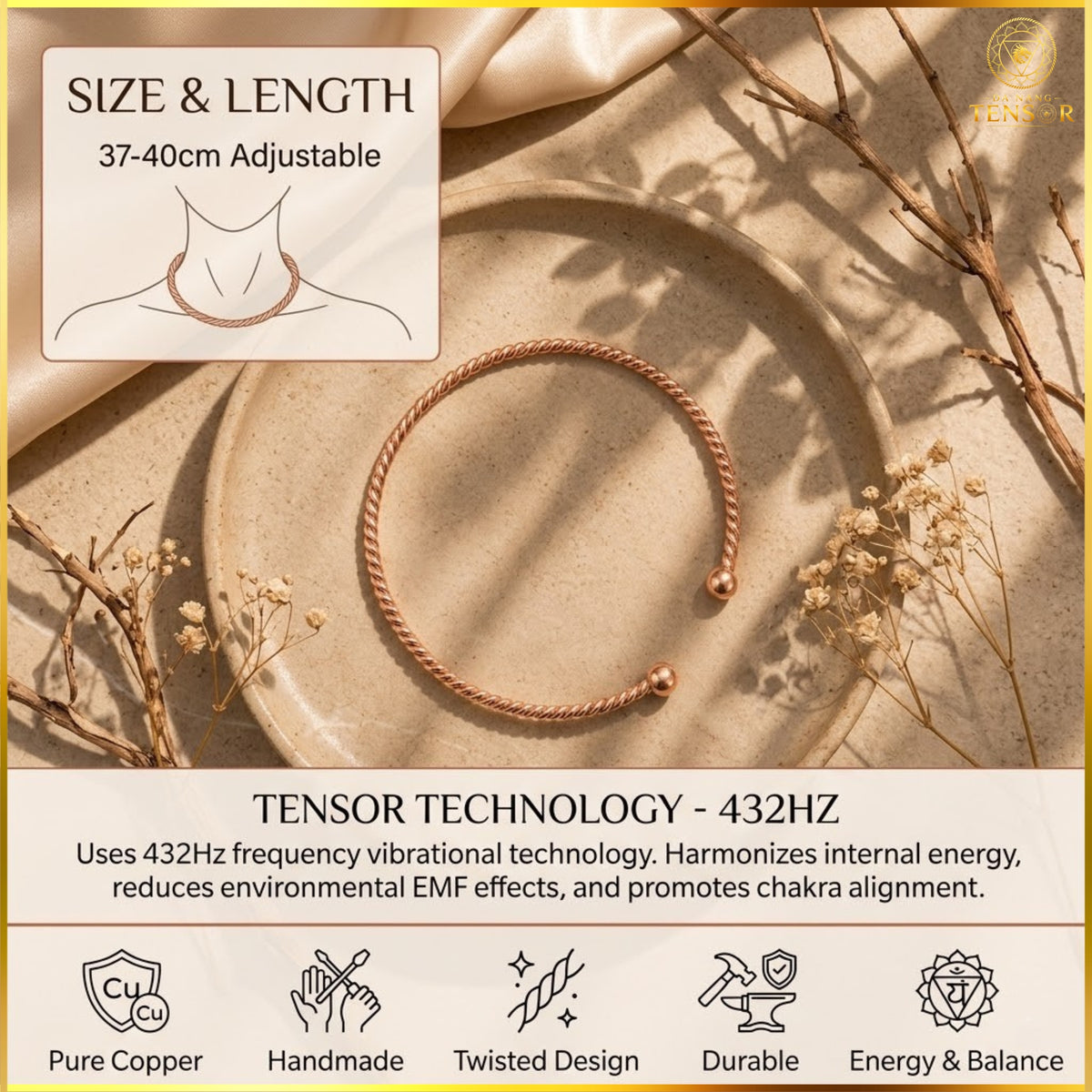 Pure Copper Tensor Necklace, 432Hz Healing Frequency Choker, Boho Spiritual Jewelry, Meditation Tool