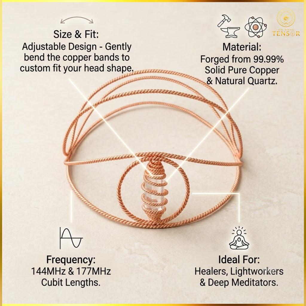 Dual Frequency Tensor Ring Crown 144Hz 177Hz - Pure Copper Vortex Headband, EMF Migraine Relief Hat, Mental Clarity, Reiki Tool