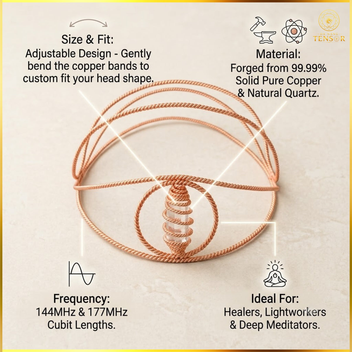 Dual Frequency Tensor Ring Crown 144Hz 177Hz - Pure Copper Vortex Headband, EMF Migraine Relief Hat, Mental Clarity, Reiki Tool