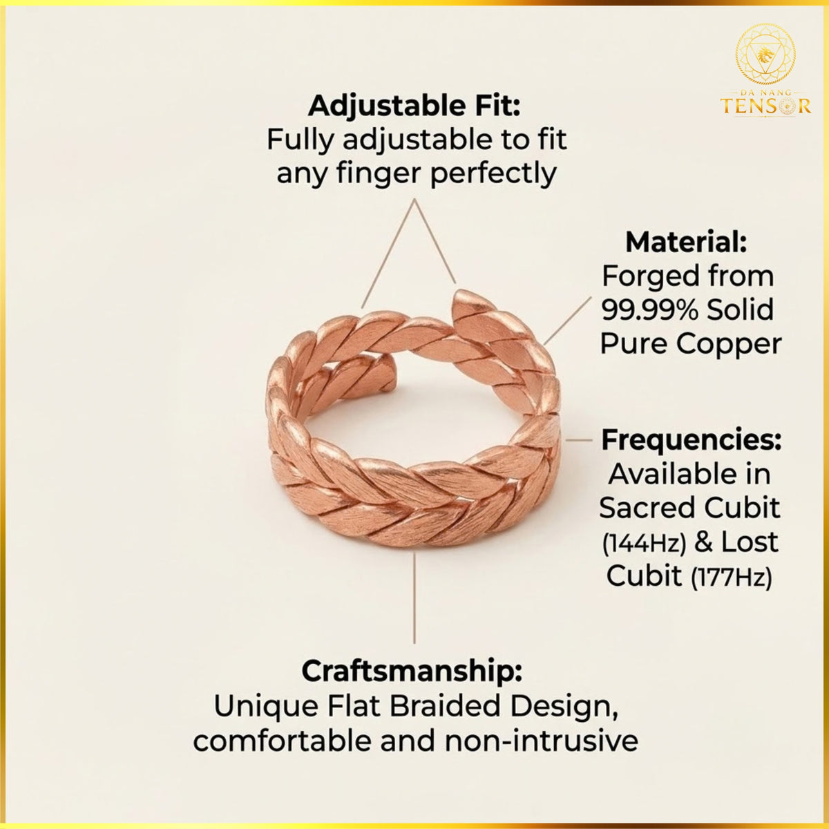 Pure Copper Tensor Ring 144Mhz - Sacred Cubit Braided Energy Harmonizer, Sacred Geometry Meditation Ring, Adjustable Spiritual Zen Gift