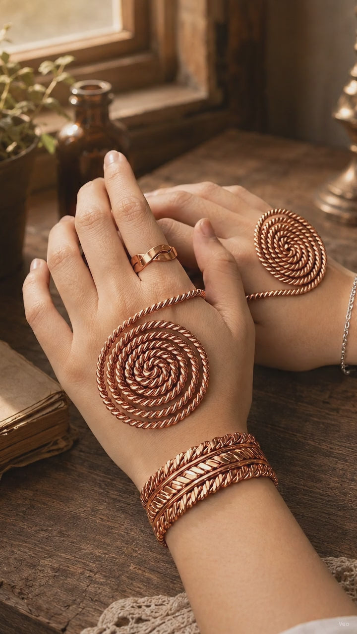 Pure Copper Spiral Hand Ring Set - Palm Chakra Energy Vortex, Tensor Ring Reiki Practice Tool, Sacred Geometry Jewelry